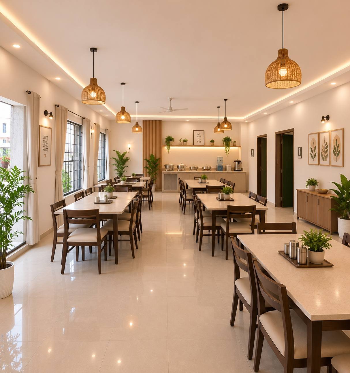 Residents' dining hall with long wooden tables and a serving counter at Maple Girls' Residence, Lahore