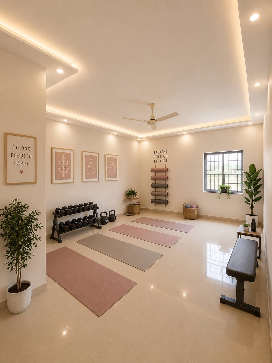 Fitness and yoga room with exercise mats, dumbbells and a weight bench at Maple Girls' Residence, Lahore