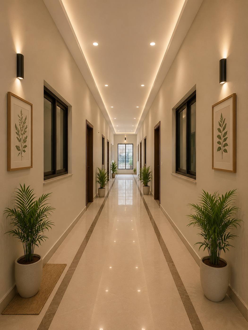 Sunlit residents' corridor with polished floors, wall lighting and potted plants at Maple Girls' Residence, Lahore