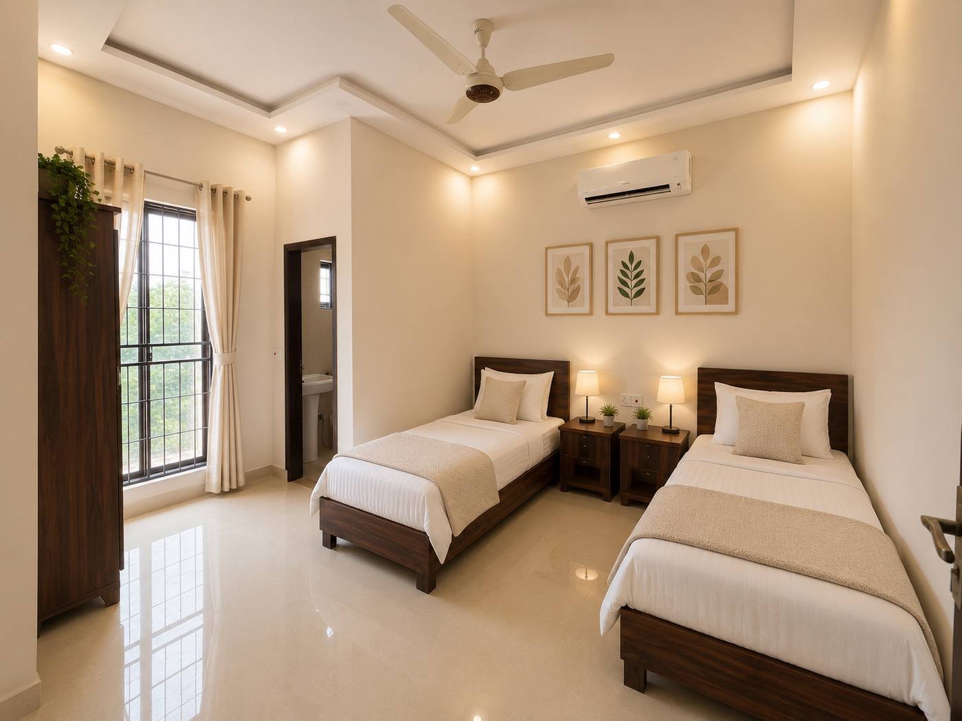 Furnished bedroom with attached washroom, split AC and a full-height wardrobe at Maple Girls' Residence, Lahore