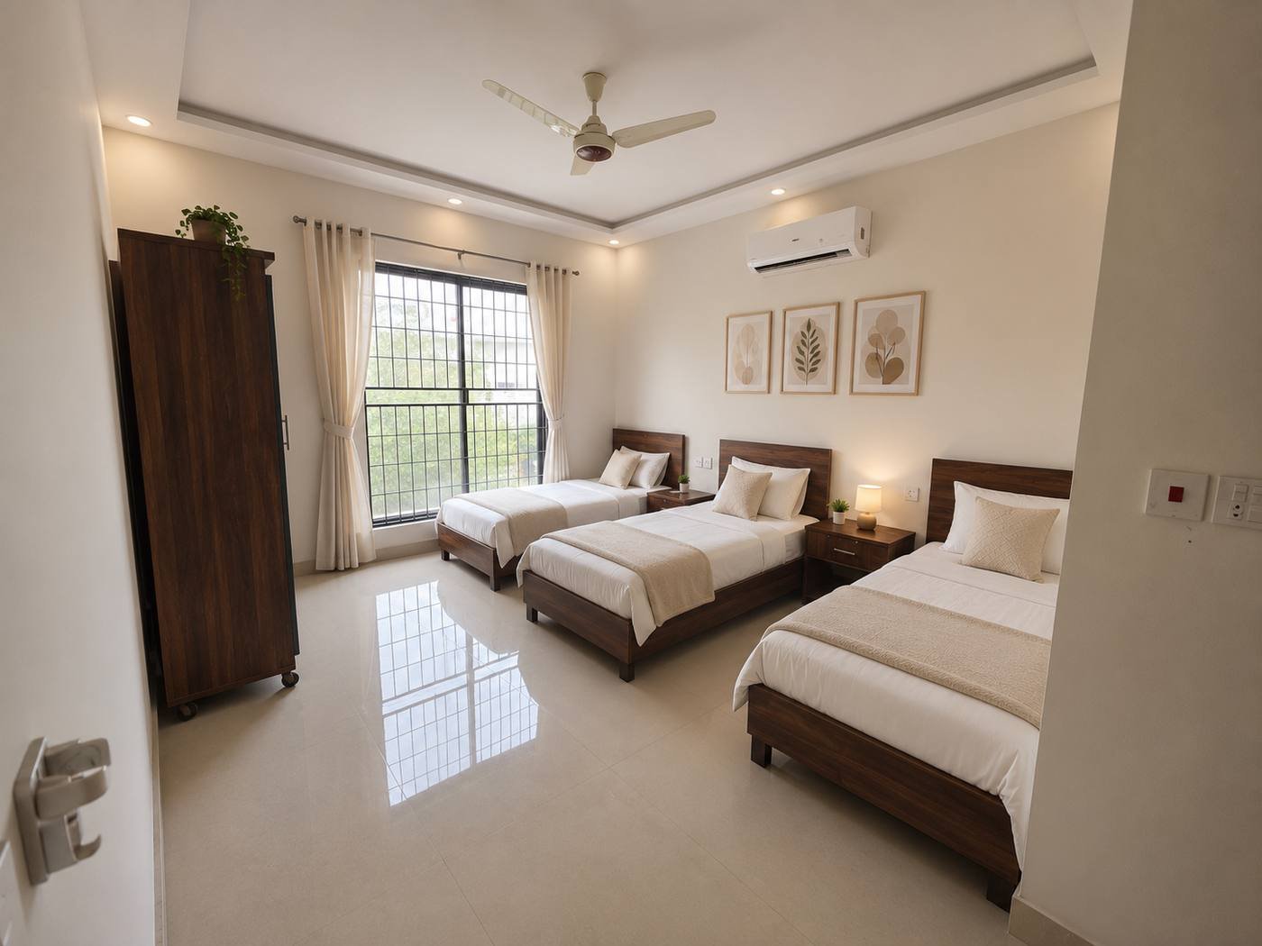 Triple sharing room with three single beds, a wardrobe and a large window at Maple Girls' Residence, Lahore