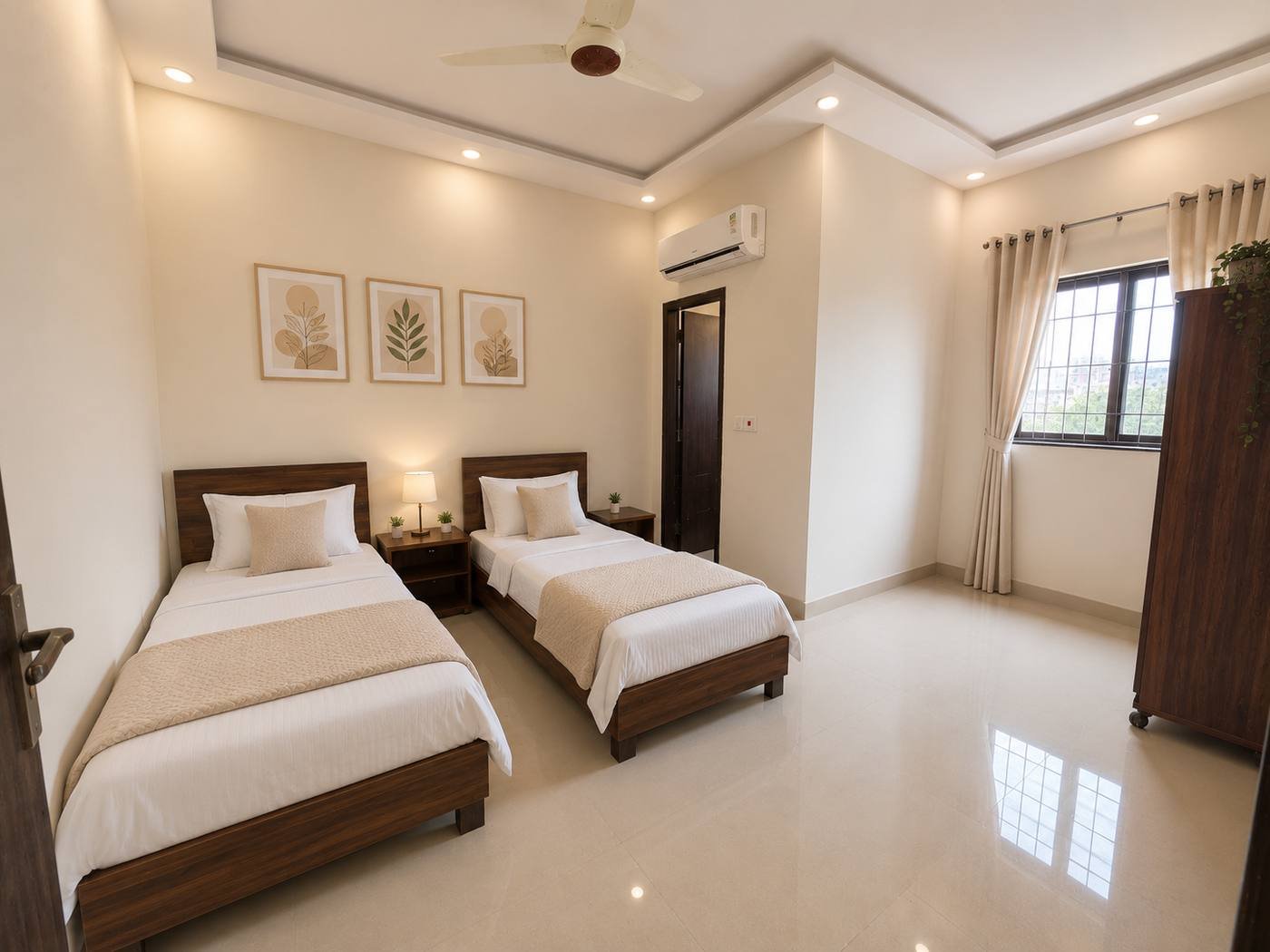 Twin sharing room with two single beds, bedside lamps and a wardrobe at Maple Girls' Residence, Lahore